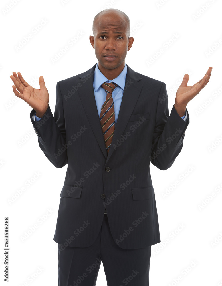 Black man, portrait and business question, confused and clueless with doubt isolated on png transparent background. African businessman, FAQ and why, decision and feedback, unsure and hand gesture Black man, portrait and business question, confused and clueless with doubt isolated on png transparent background. African businessman, FAQ and why, decision and feedback, unsure and hand gesture