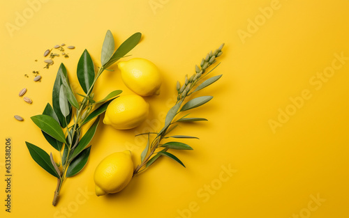 Photo Sukkot symbols: palm tree, willow, myrtle, lemon on a yellow background