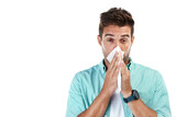 Allergy, blowing nose or portrait of man sick by hay fever illness, flu disease or virus by sneezing with tissue. Sinus problem, toilet paper or face of person isolated on transparent png background