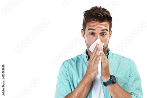 Allergy, blowing nose or portrait of man sick by hay fever illness, flu disease or virus by sneezing with tissue. Sinus problem, toilet paper or face of person isolated on transparent png background