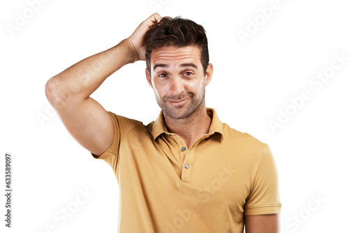 Thinking, doubt or portrait of man confused by question isolated on transparent png background. Why, scratching head or unsure male person with choice to consider for solution or problem solving photo