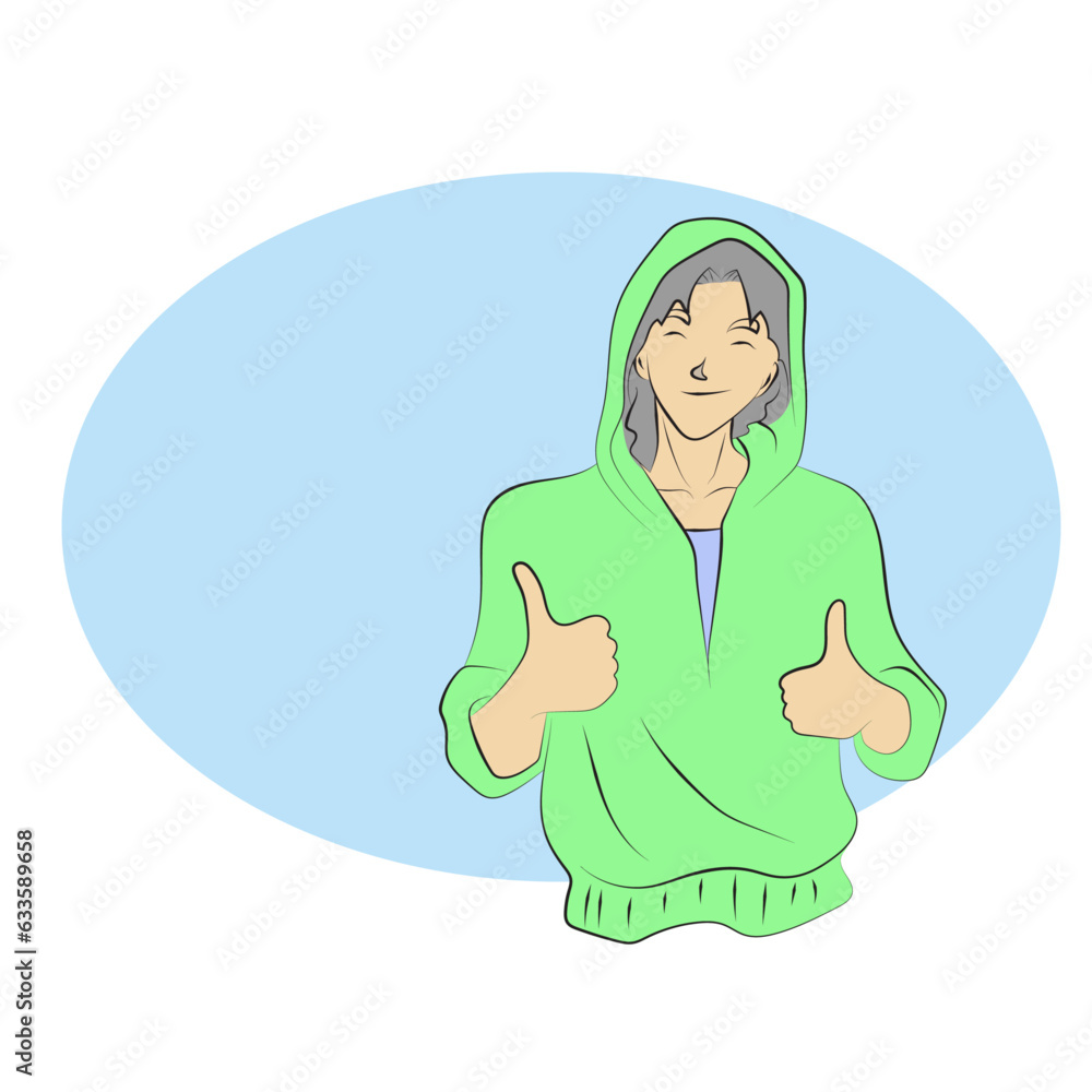 half length of man in green hood showing thumbs up illustration vector hand drawn isolated on white background half length of man in green hood showing thumbs up illustration vector hand drawn isolated on white background