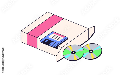 Floppy disk and discs in 90s retro style. Diskettes for saving information, data. Memory, backup container symbol, nostalgia retrowave technology. Flat vector illustration isolated on white background