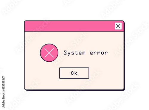 System error alert, notification. Dialog window with warning message, failure and OS problem information in retro 90s style. Digital mistake. Flat vector illustration isolated on white background