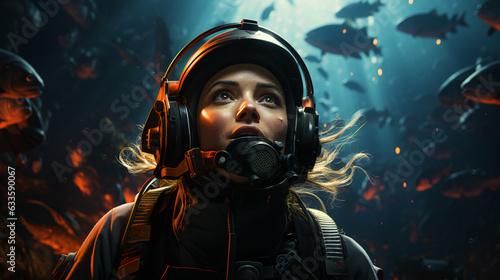 The face of a beautiful female scuba diver in a mask and diving suit scuba diving underwater. Close view. non-existent person. AI generated