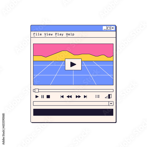 Video player, window interface with buttons in retro 90s style. Digital media playing software, vaporwave UI. Old movie watching program. Flat graphic vector illustration isolated on white background