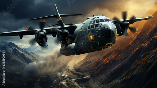 A military cargo plane flies at high speed and drops cargo. Air Force. AI generated