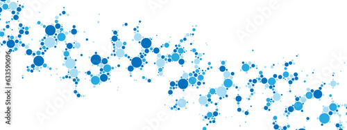 Abstract blue dot background frame. Texture of circles, spheres, balls, particles. The pattern of a chaotic grid. Banner for website, business, presentations, technology, medicine. Vector illustration
