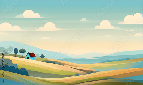 Generate  Illustrations. field. vast green field. Mountains. Green. As far as the eye can see. vast. rural view with a blue sky