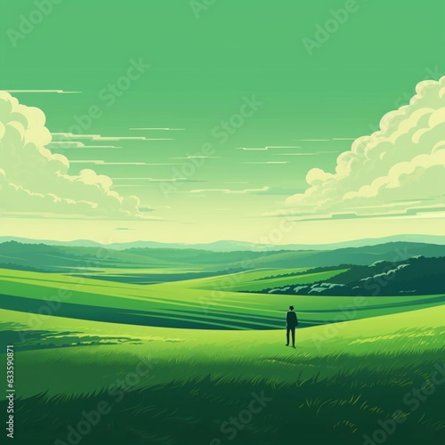 Generate Illustrations. field. vast green field. Mountains. Green. As far as the eye can see. vast. rural view with a blue sky