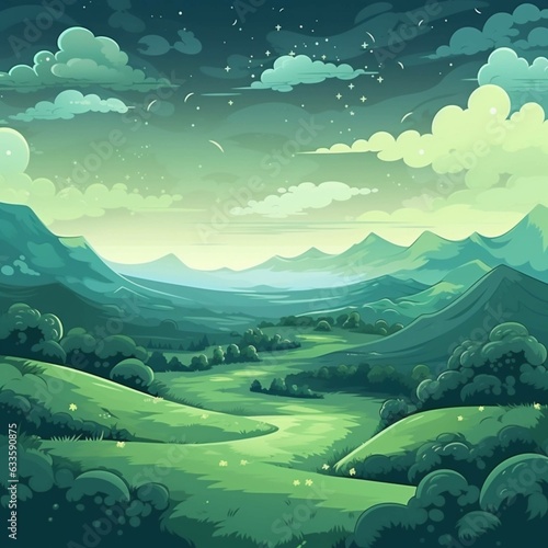 Generate Illustrations. field. vast green field. Mountains. Green. As far as the eye can see. vast. rural view with a blue sky