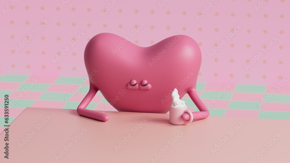 Cartoon heart with mug of steaming coffee and falls asleep. Heart health. Heart attack disease. Alternative Valentine's Day. Valentine poster. Background with copyspace. 3d render, 3d illustration. Cartoon heart with mug of steaming coffee and falls asleep. Heart health. Heart attack disease. Alternative Valentine's Day. Valentine poster. Background with copyspace. 3d render, 3d illustration.