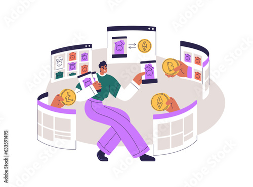 NFT artist sells digital art at blockchain market. Nonfungible tokens, online trade concept. Earn with non-fungible crypto assets, NFTs. Flat graphic vector illustration isolated on white background