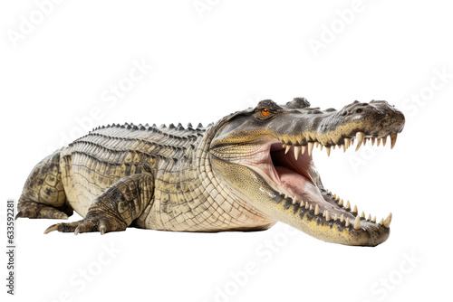 Close up of large crocodile that lay down on floor and look up isolated on clean png background, reptile animal concept, with Generative Ai. © TANATPON