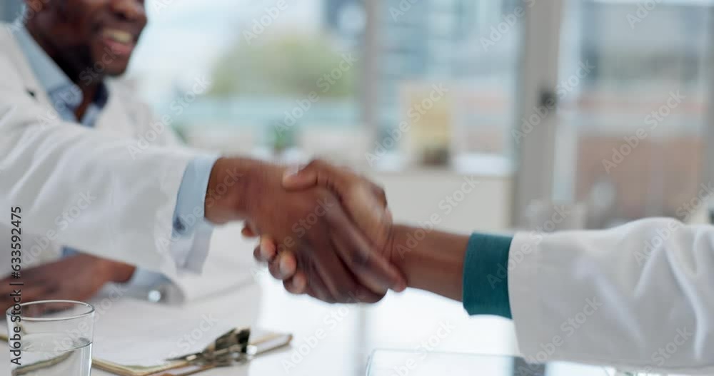Handshake, medical doctor and team in hospital for collaboration, partner or thank you. Shaking hands, patient or people consulting for advice, opinion or trust on agreement with congratulations Handshake, medical doctor and team in hospital for collaboration, partner or thank you. Shaking hands, patient or people consulting for advice, opinion or trust on agreement with congratulations