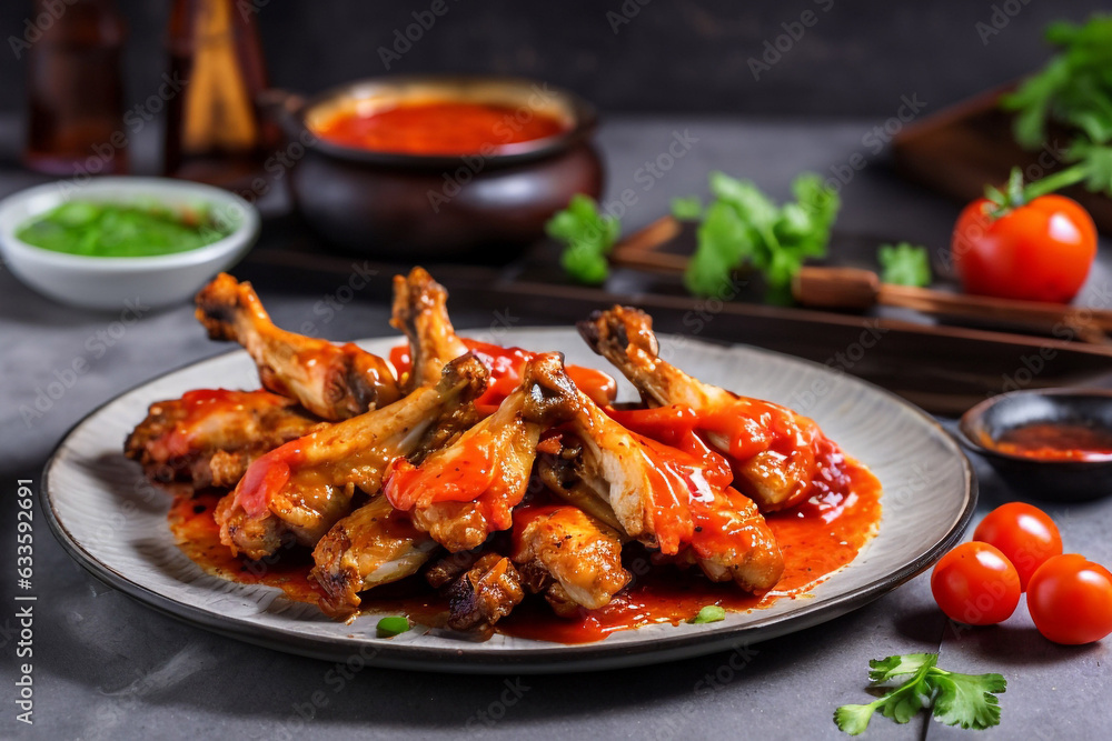 Grilled chicken wings with tomato sauce on plate Grilled chicken wings with tomato sauce on plate