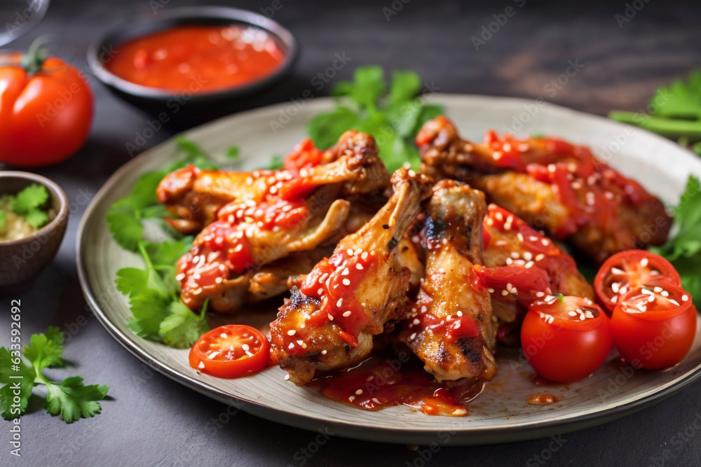 Grilled chicken wings with tomato sauce on plate Grilled chicken wings with tomato sauce on plate