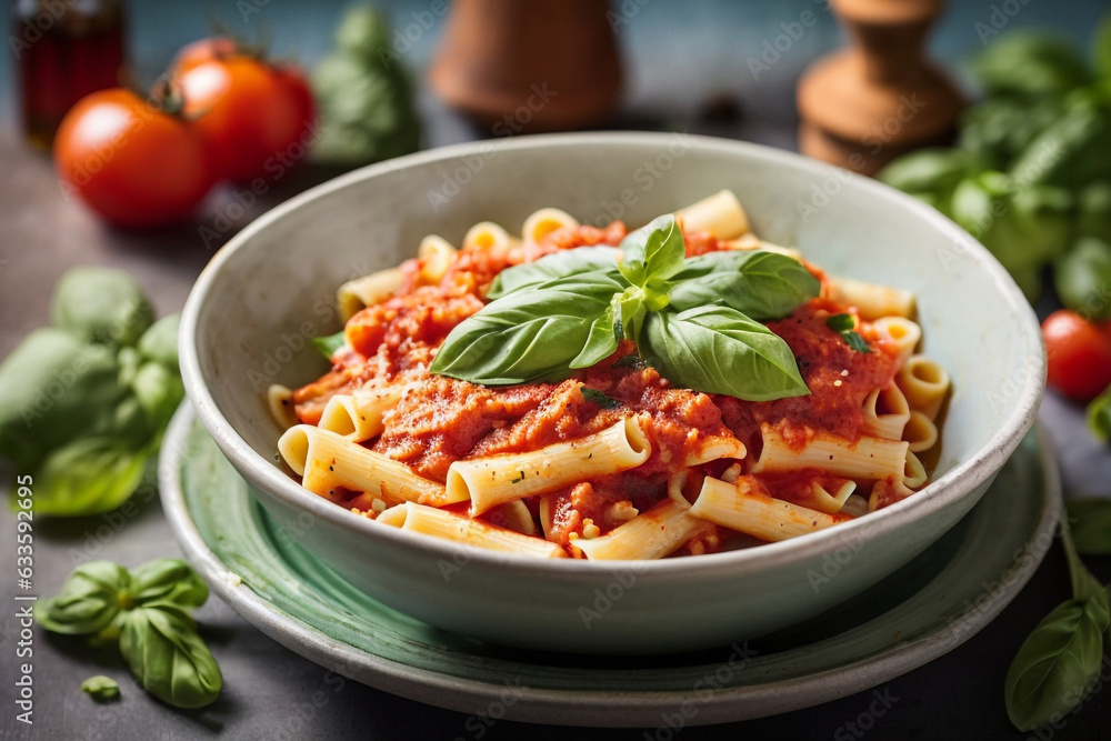 Pasta enriched with tomato sauce and adorned by basil leaves Pasta enriched with tomato sauce and adorned by basil leaves