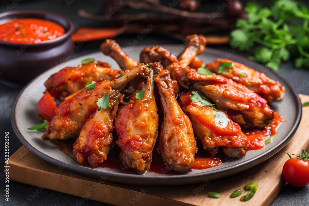 Grilled chicken wings with tomato sauce on plate