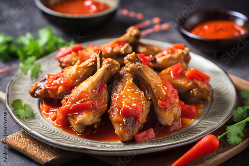 Grilled chicken wings with tomato sauce on plate