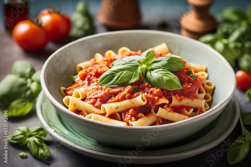 Pasta enriched with tomato sauce and adorned by basil leaves