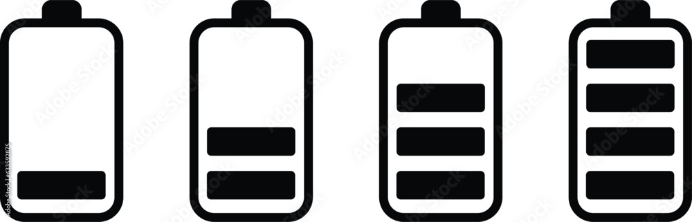 Battery icon set vector . Charge level indicator from low to full charging Battery icon set vector . Charge level indicator from low to full charging