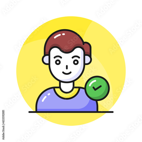 Check Mark on human avatar, well designed icon of authorized user, selected candidate, verified user