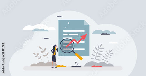 Search engine optimization or SEO with website keywords tiny person concept. Marketing tool for home page recognition and traffic development vector illustration. Online information content analysis.