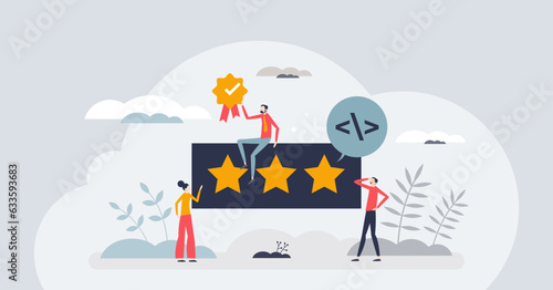User ratings and product reviews as satisfaction feedback tiny person concept. Rate quality and give stars for performance vector illustration. Customer experience survey and result evaluation score.