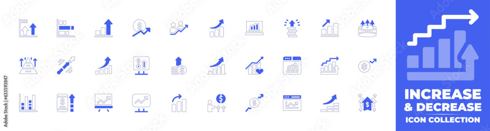 Increase and decrease icon collection. Duotone style line stroke and bold. Vector illustration. Containing profit, bar, chart, increase, growth, business, and, finance, graph, recovery, web, and more.