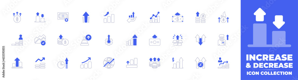 Increase and decrease icon collection. Duotone style line stroke and bold. Vector illustration. Containing increase, growth, boost, investment, oil, and, gas, revenue, graphics, money, and more.