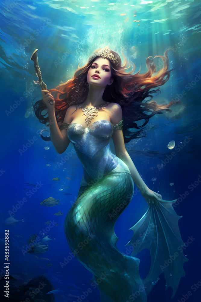 Beautiful mermaid in the fantasy world siren - obrazy, fototapety, plakaty 