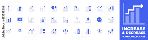 Increase and decrease icon collection. Duotone style line stroke and bold. Vector illustration. Containing revenue, increase, pyramid, profit, statistics, improve, increasing, bar, chart, and more.