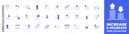 Increase and decrease icon collection. Duotone style line stroke and bold. Vector illustration. Containing increase, growth, boost, investment, oil, and, gas, revenue, graphics, money, and more.