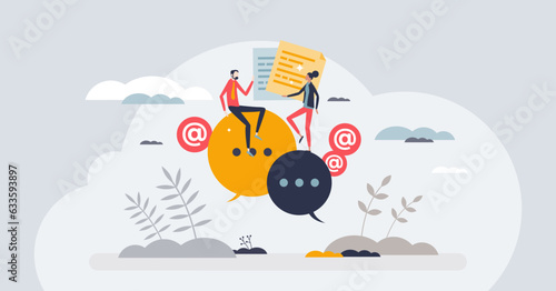 Communication, talking, writing and social conversation tiny person concept. Mutual interaction with information exchange and foreign language learning vector illustration. Contact with chat messages