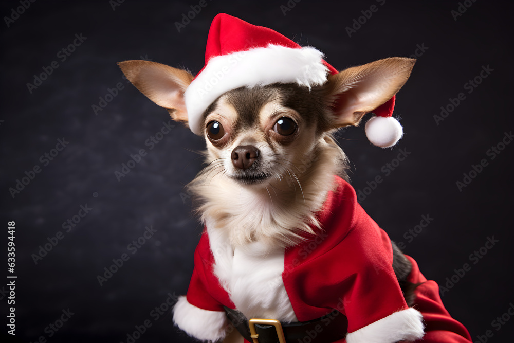Christmas portrait of Chihuahua dog wearing Santa Claus outfit