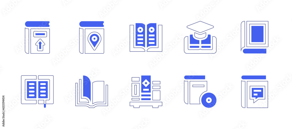 Literature icon set. Duotone style line stroke and bold. Vector illustration. Containing upload, map, open, book, books.