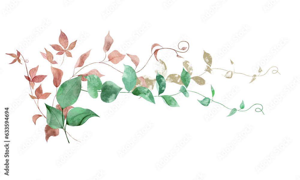 Watercolor arrangement with green, pink and gold leaves, hand drawn. Watercolor arrangement with green, pink and gold leaves, hand drawn.