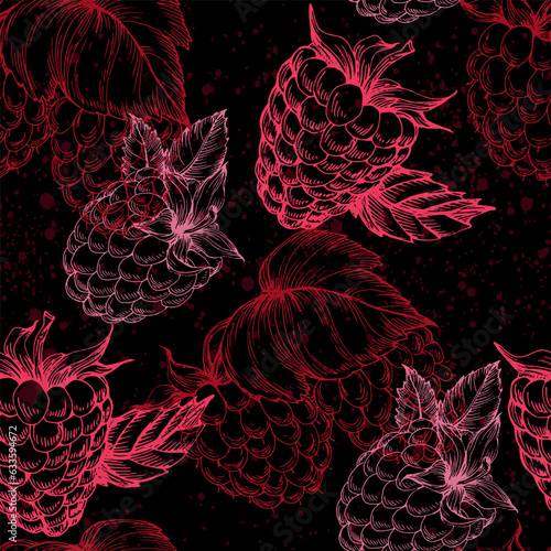 Vector seamless pattern. Doodle raspberries and blackberries with abstract elements. Hand drawn illustrations.