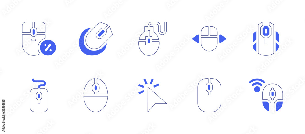 Mouse icon set. Duotone style line stroke and bold. Vector illustration. Containing computer, mouse, clicker, click.