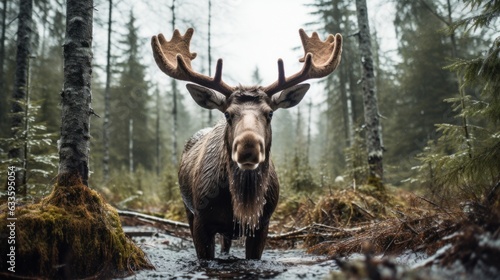 Wildlife scene from Swedish moose or Eurasian elk Alces alces in the dark forest during rainy days Beautiful animals in their natural habitat in green plants. © sirisakboakaew