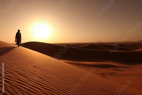 A lone Arab gracefully traversing the Sahara's beautiful, vast landscapes. (Generative AI)