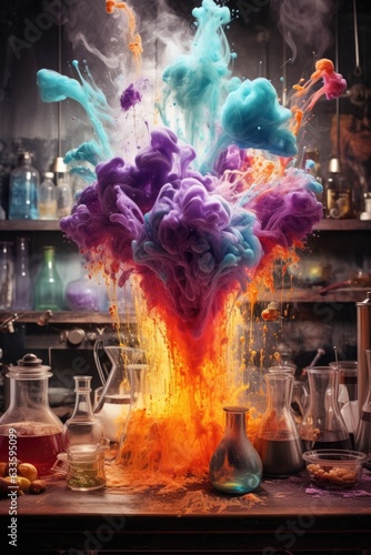 Chemical reaction causes colorful explosion in lab experiment.