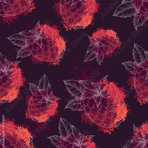 Vector seamless pattern. Doodle raspberries and blackberries with abstract elements. Hand drawn illustrations.