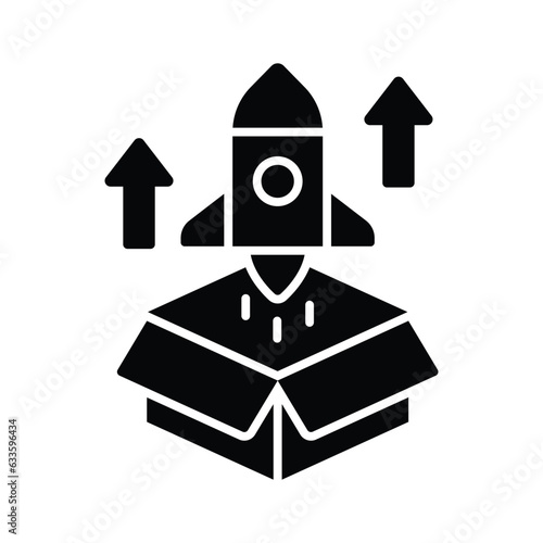 Box with rocket showing product release concept vector, business startup icon