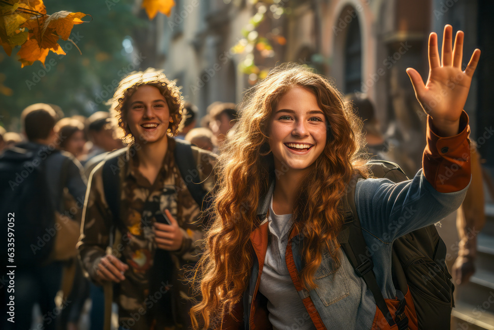 A snapshot of a group of people smiling and waving on a street with a festive atmosphere