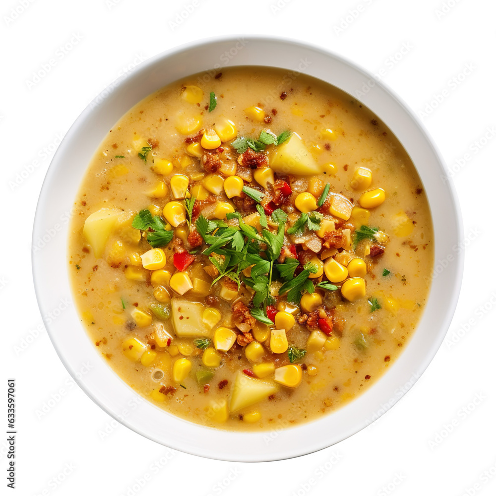 Delicious creamy Vegan sweet Corn Chowder soup on transparent or white background, png Delicious creamy Vegan sweet Corn Chowder soup on transparent or white background, png