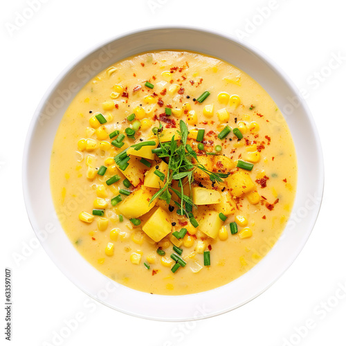 Delicious creamy Vegan sweet Corn Chowder soup on transparent or white background, png