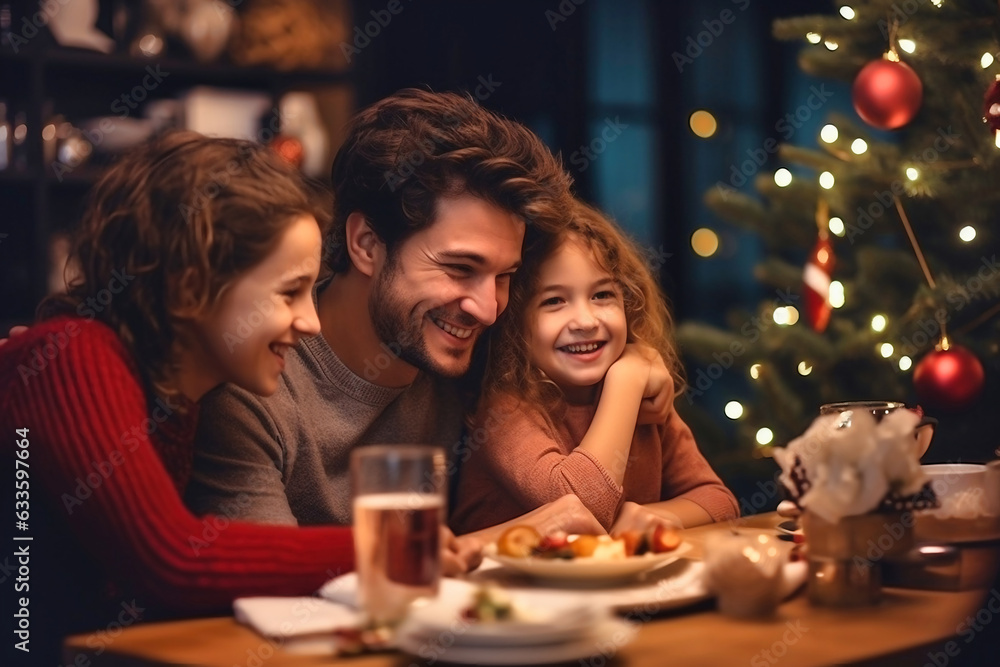 Winter holidays and people concept - happy family at the table celebrating christmas and new year. Home holiday. Blurred background. Selective focus.