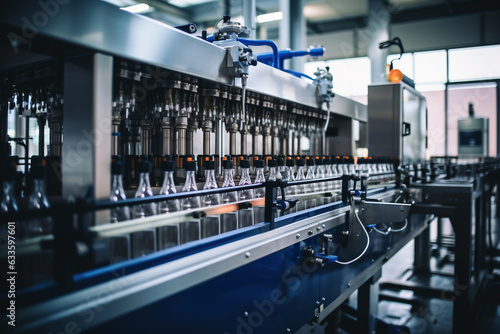 Factory for the production of beer. Brewery conveyor with glass beer drink alcohol bottles, modern production line. Blurred background. Modern production for bottling drinks. Selective focus.